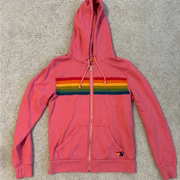 Aviator Nation Pink Zip Hoodie with Rainbow Chest Stripes - Picture 1 of 2
